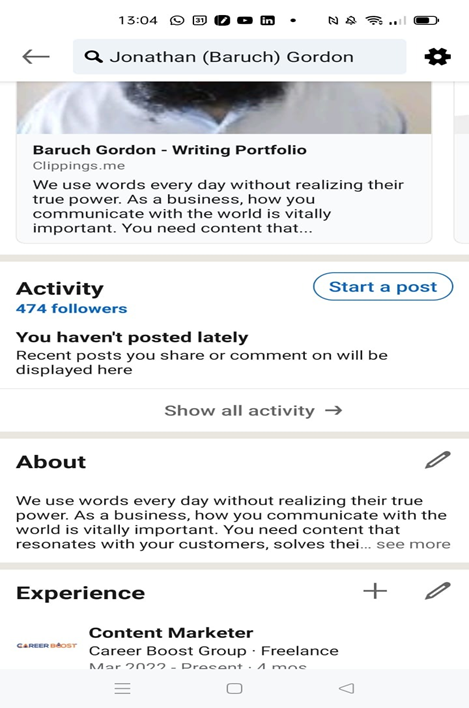 Screen Shot of mobile showing LinkedIn profile
