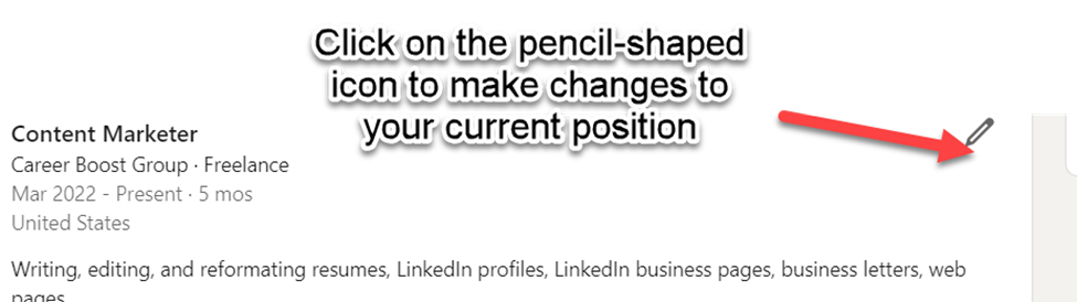 Screenshot instructing reader to click on pencil icon on LinkedIn
