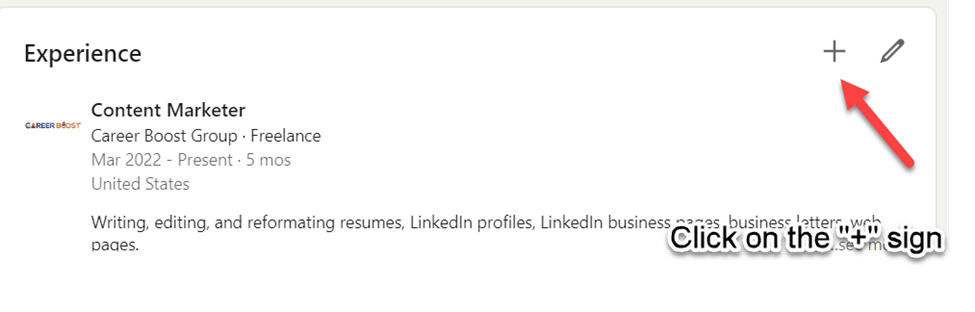 Experience Section on LinkedIn with arrow instructing to click on addition icon