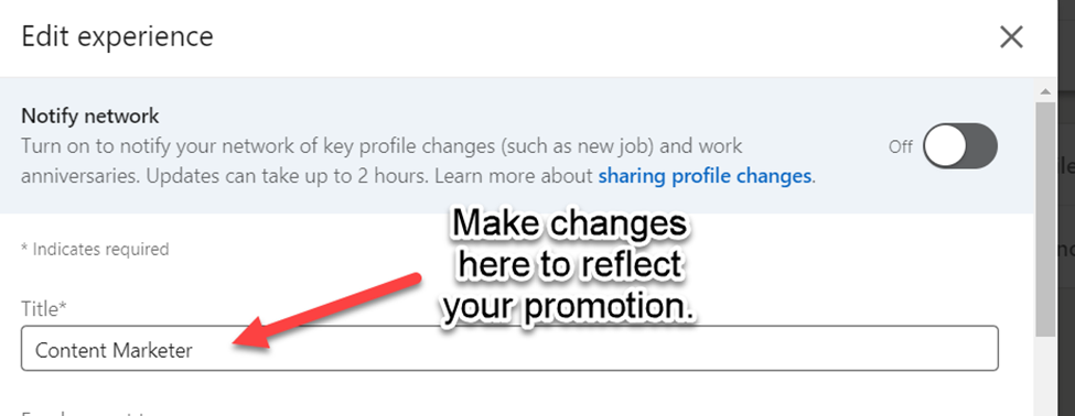 Screen print showing how to edit a position on LinkedIn