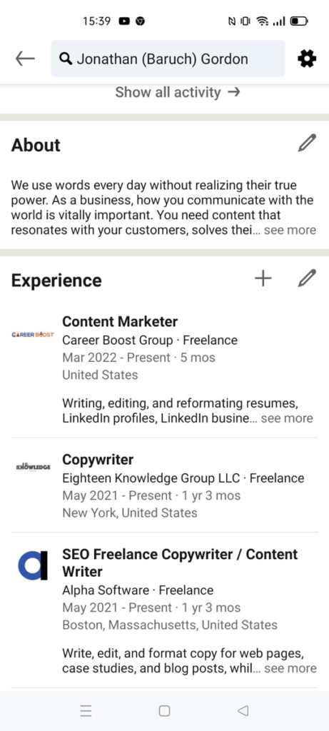 Mobile screen print of LinkedIn Experience Section